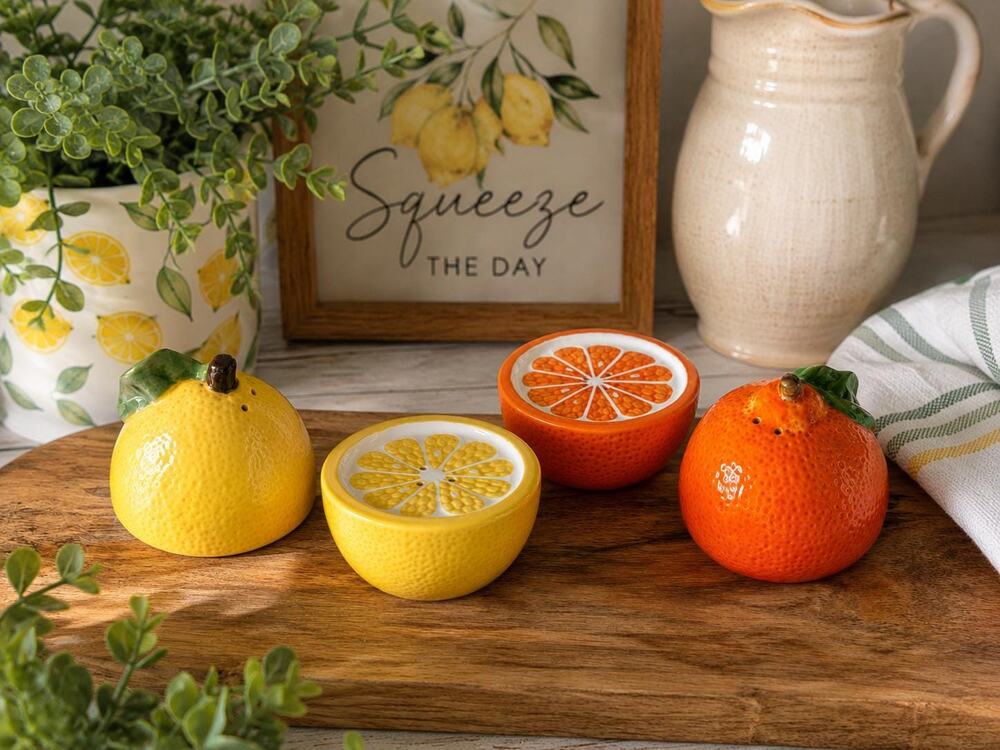 Vintage Ceramic Citrus Salt Pepper Shakers Set, Lemon Orange Kitchen Decor